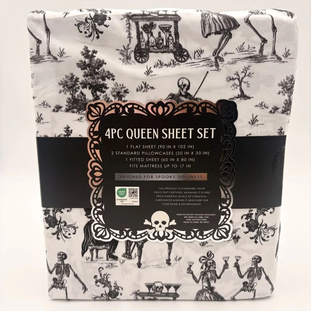 Madame Bones Queen Sheet Set 4pc Skeleton Toile Black White Spooky Halloween NEW